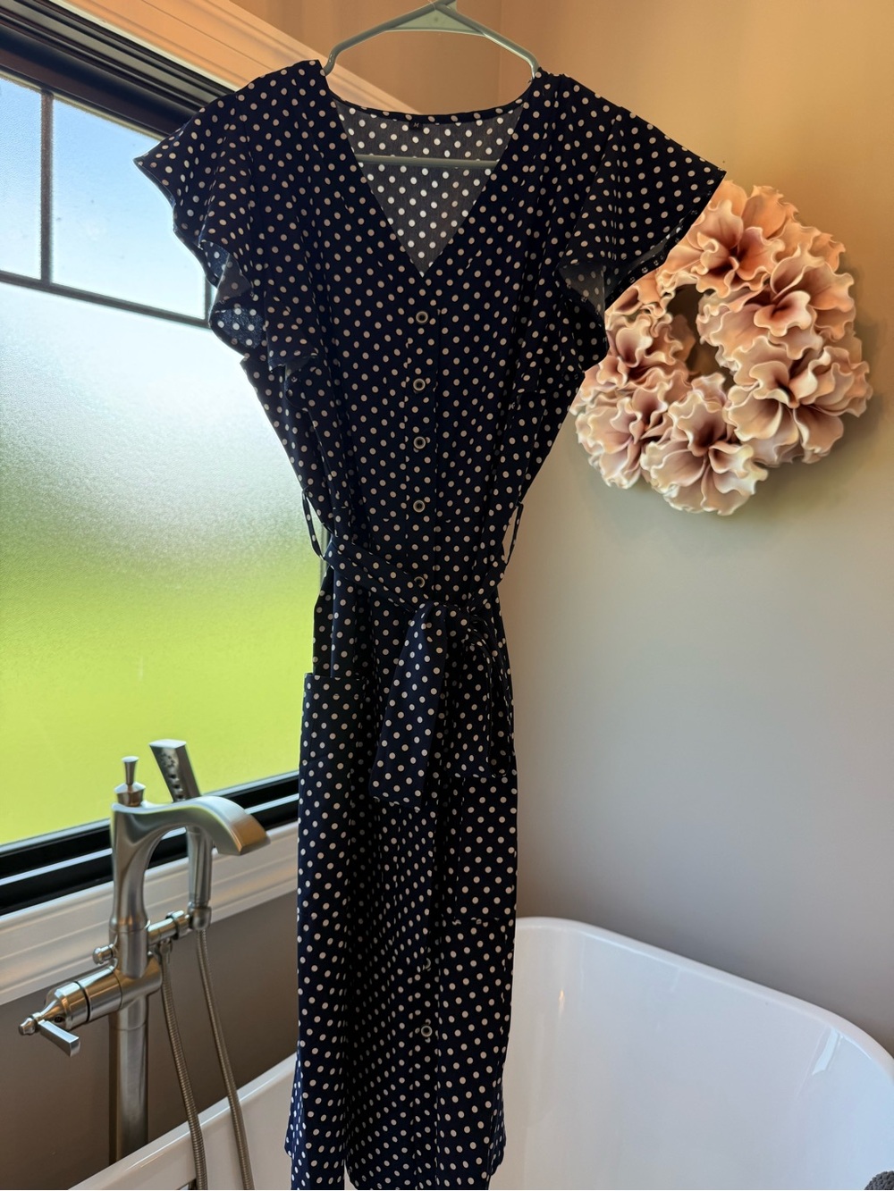 Navy Polka Dot V-Neck Midi Dress with Tie Waist